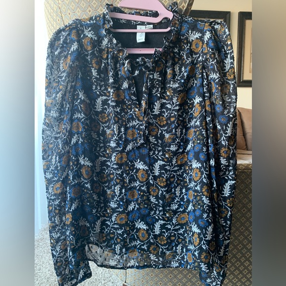 Joie Swiss Dot Floral Print Ruffled Split Tie Neck Blouse Puff Sleeves Size S - Picture 4 of 14